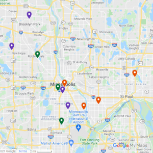 map of Minneapolis with pins of congregations